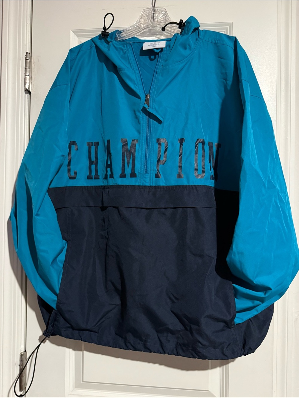Champion Men's Colorblock Windbreaker Jacket XL Blue Black Hooded Half-Zip Nylon